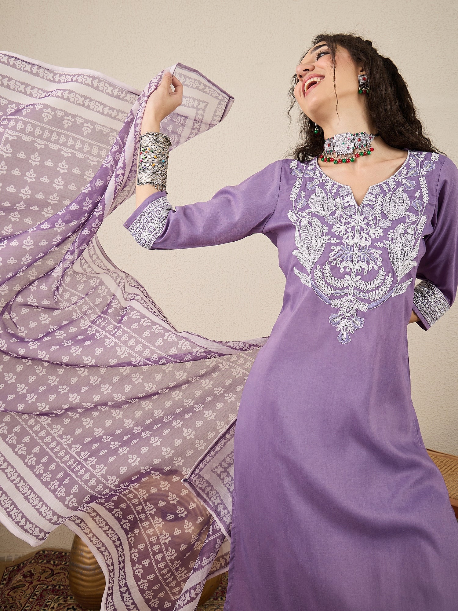 Ruhi Embroidery Design Silk Blend Straight Kurta With Trouser & Dupatta - FitVibe Fashion