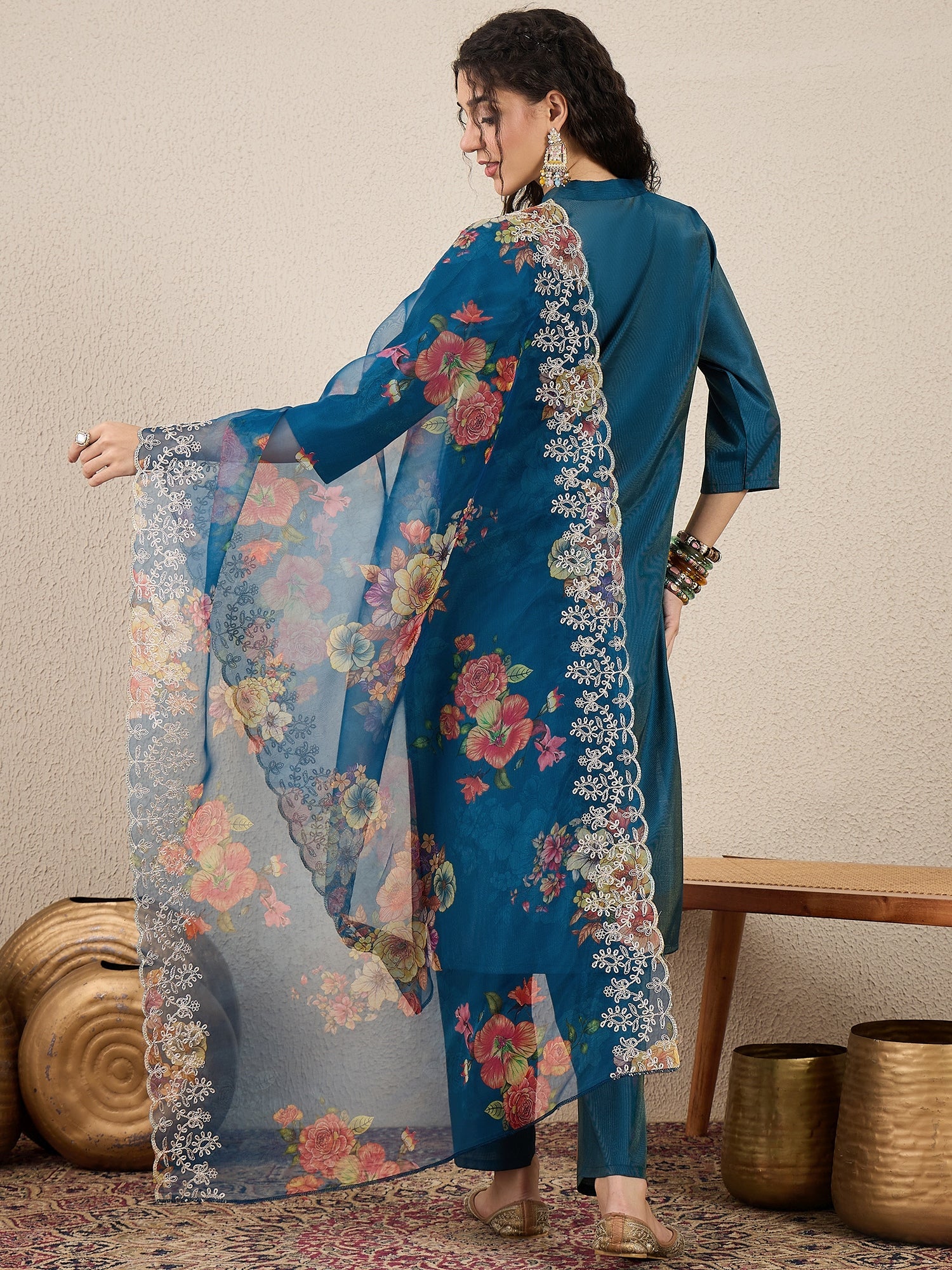 Suhani Teal Blue Silk Blend Women Ethnic Suit Sets - FitVibe Fashion