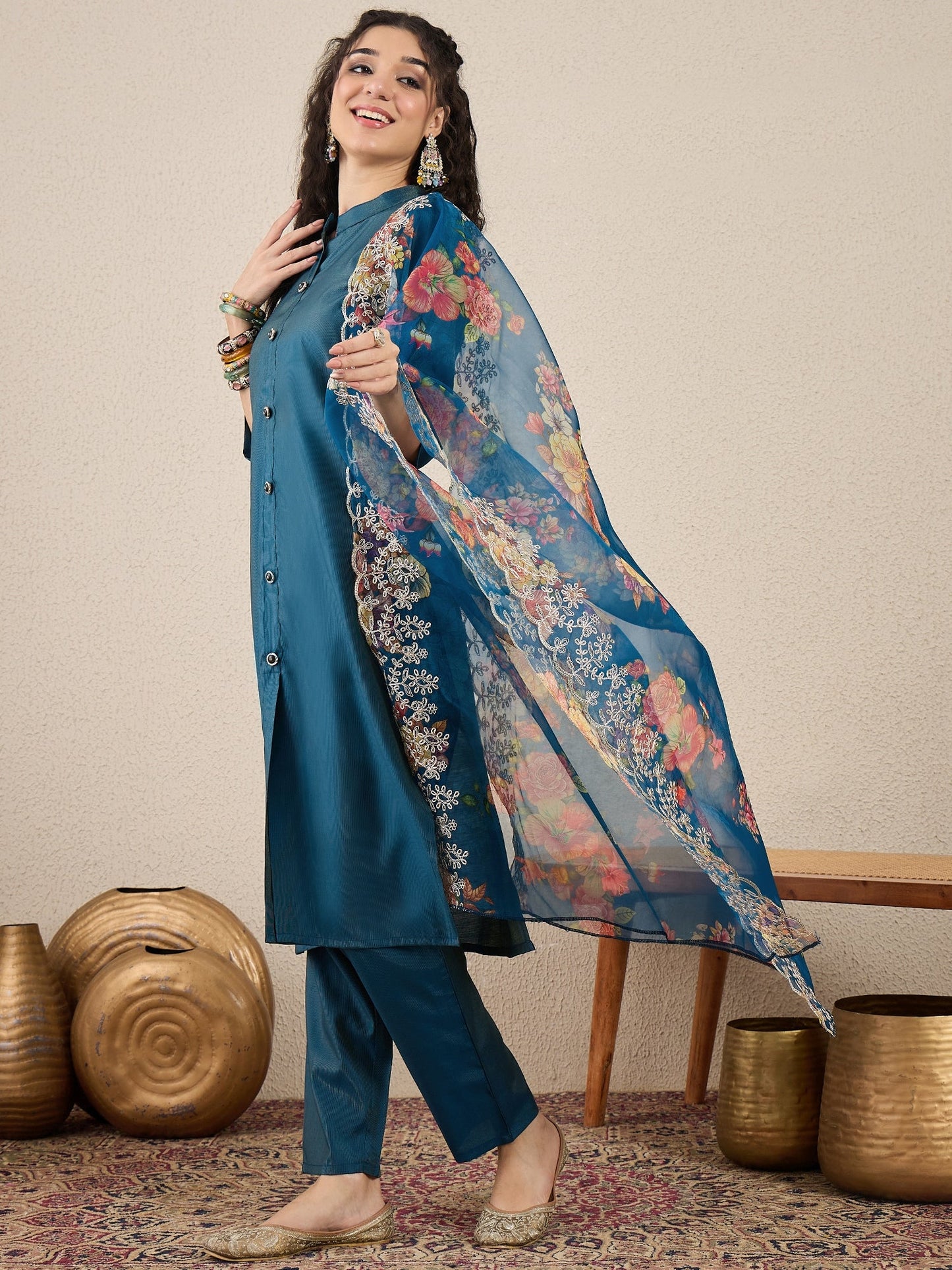Suhani Teal Blue Silk Blend Women Ethnic Suit Sets - FitVibe Fashion