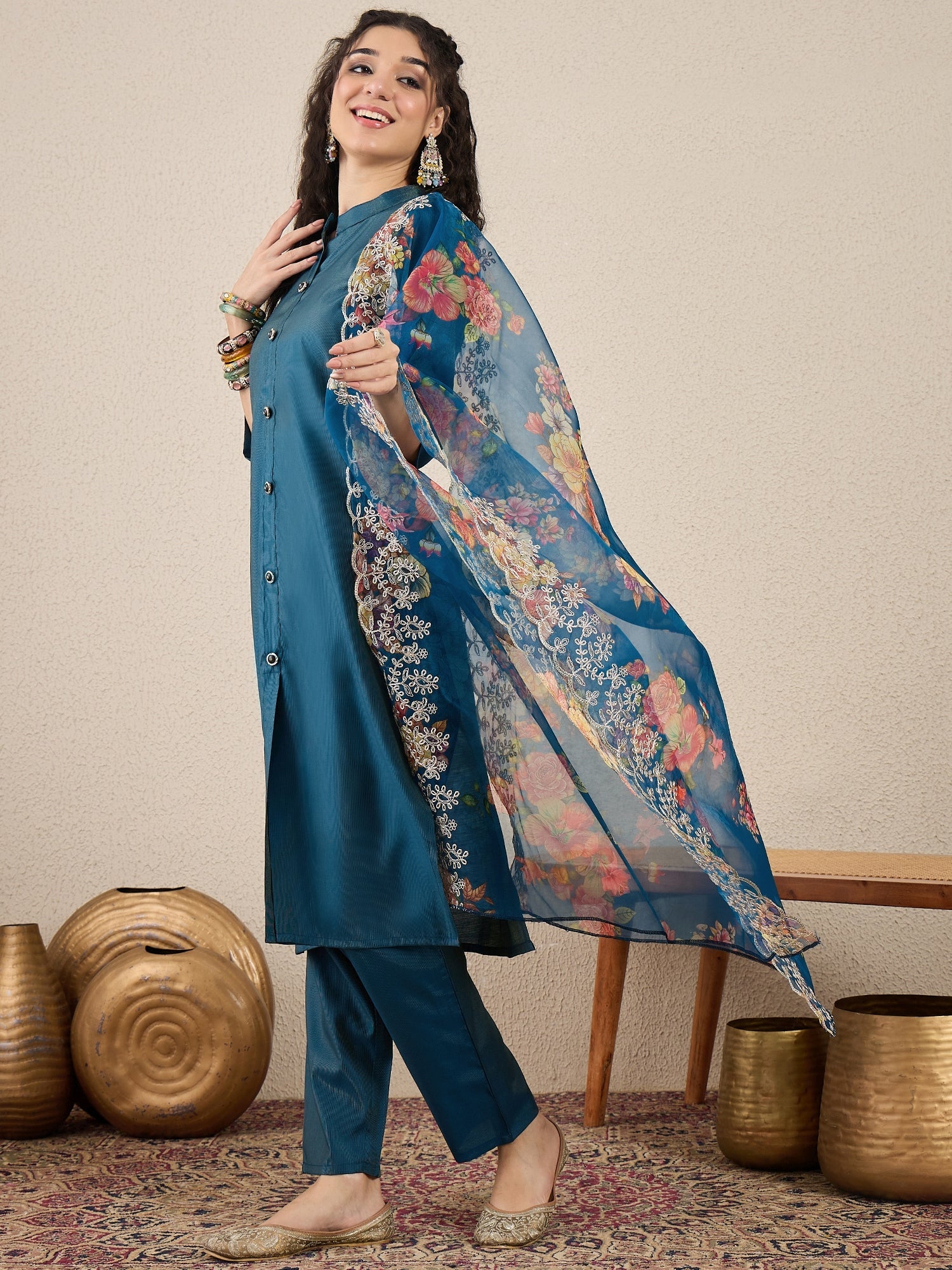 Suhani Teal Blue Silk Blend Women Ethnic Suit Sets - FitVibe Fashion