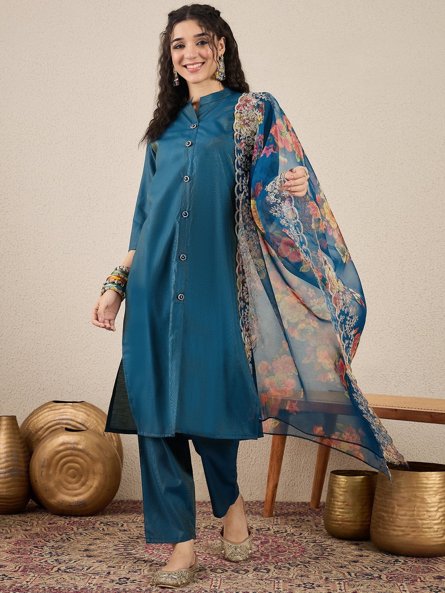 Suhani Teal Blue Silk Blend Women Ethnic Suit Sets - FitVibe Fashion