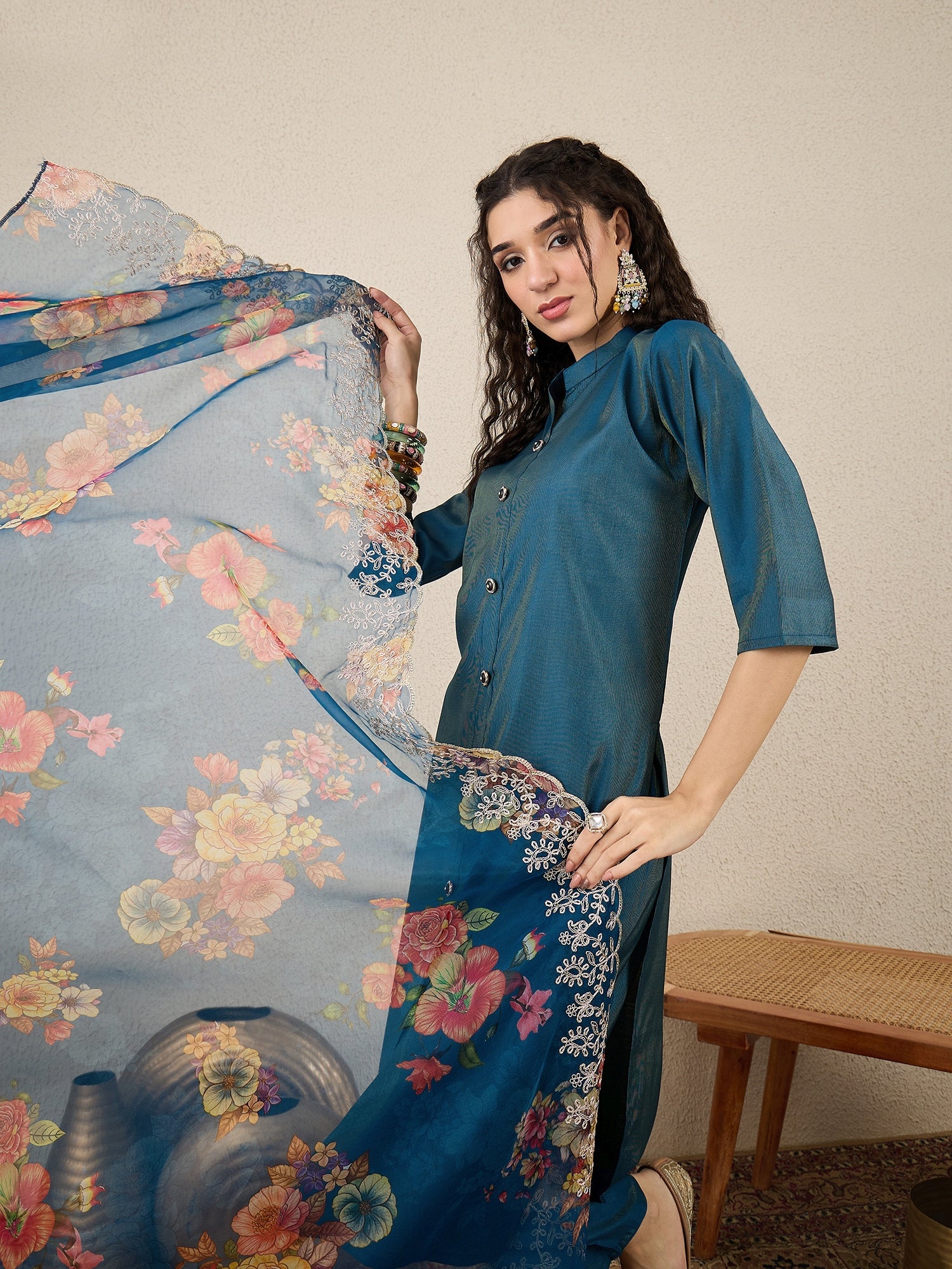 Suhani Teal Blue Silk Blend Women Ethnic Suit Sets - FitVibe Fashion
