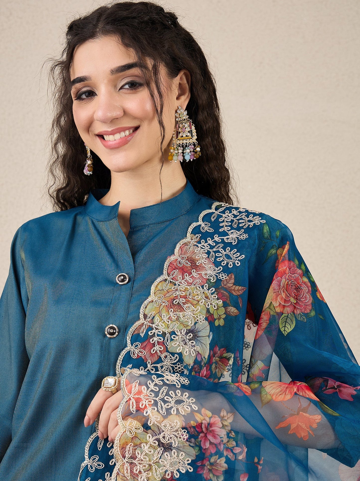 Suhani Teal Blue Silk Blend Women Ethnic Suit Sets - FitVibe Fashion