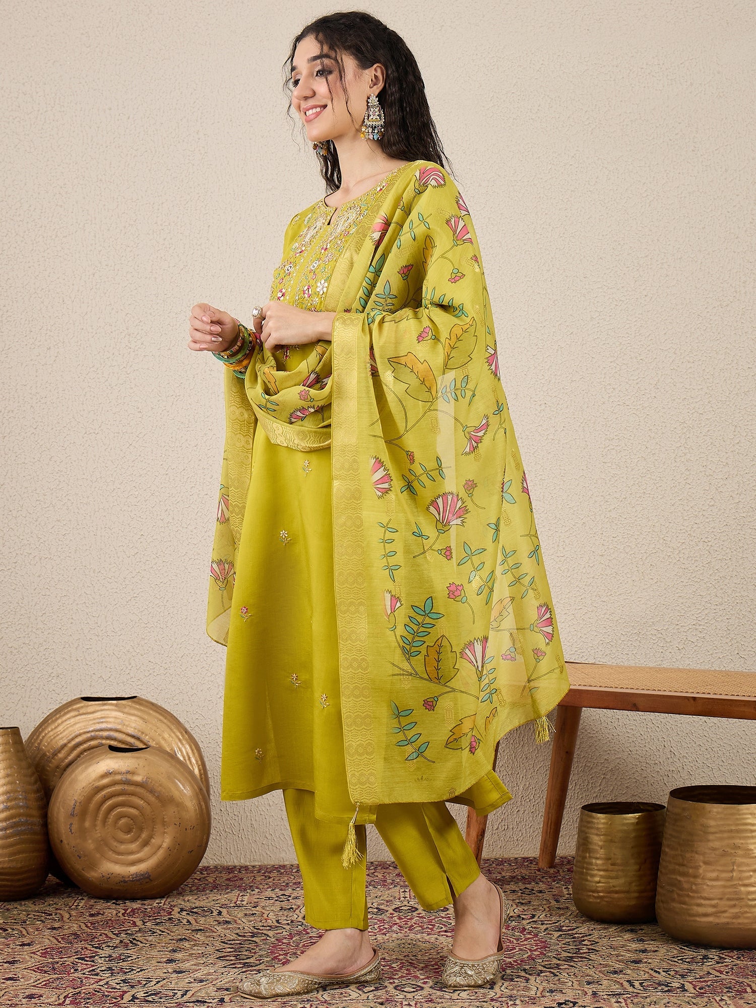 Nazakat Parrot green Kurta and Pant Dupatta Set - FitVibe Fashion