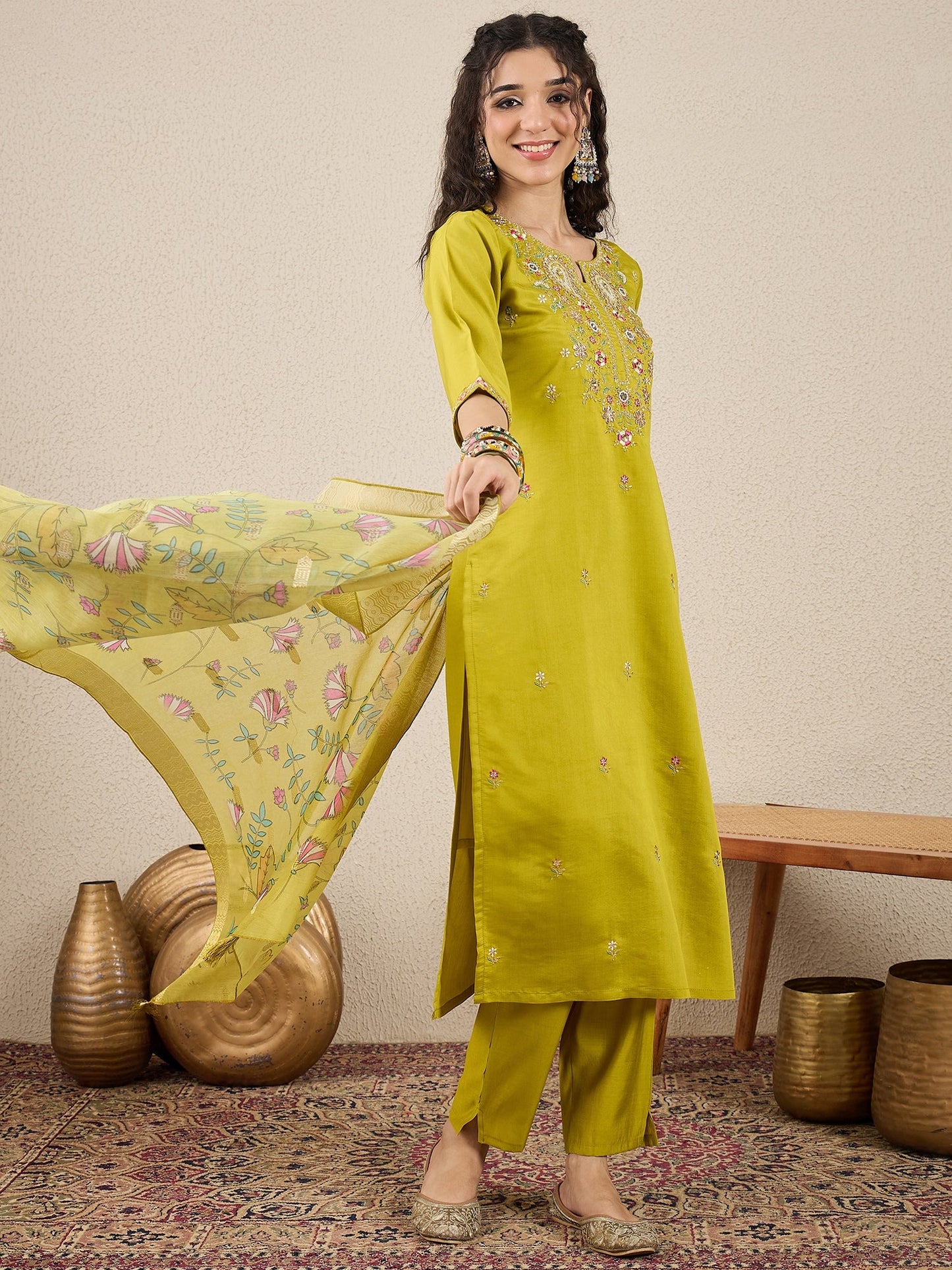 Nazakat Parrot green Kurta and Pant Dupatta Set - FitVibe Fashion