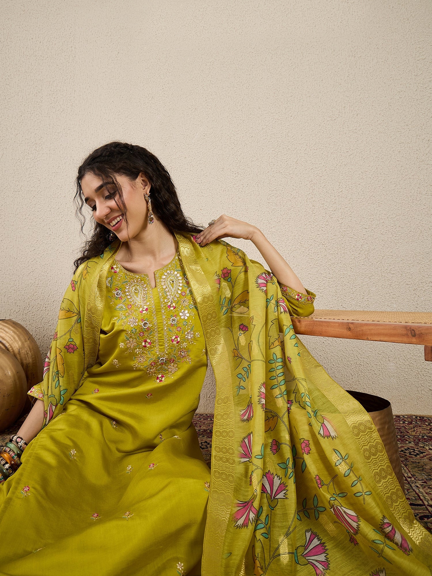 Nazakat Parrot green Kurta and Pant Dupatta Set - FitVibe Fashion
