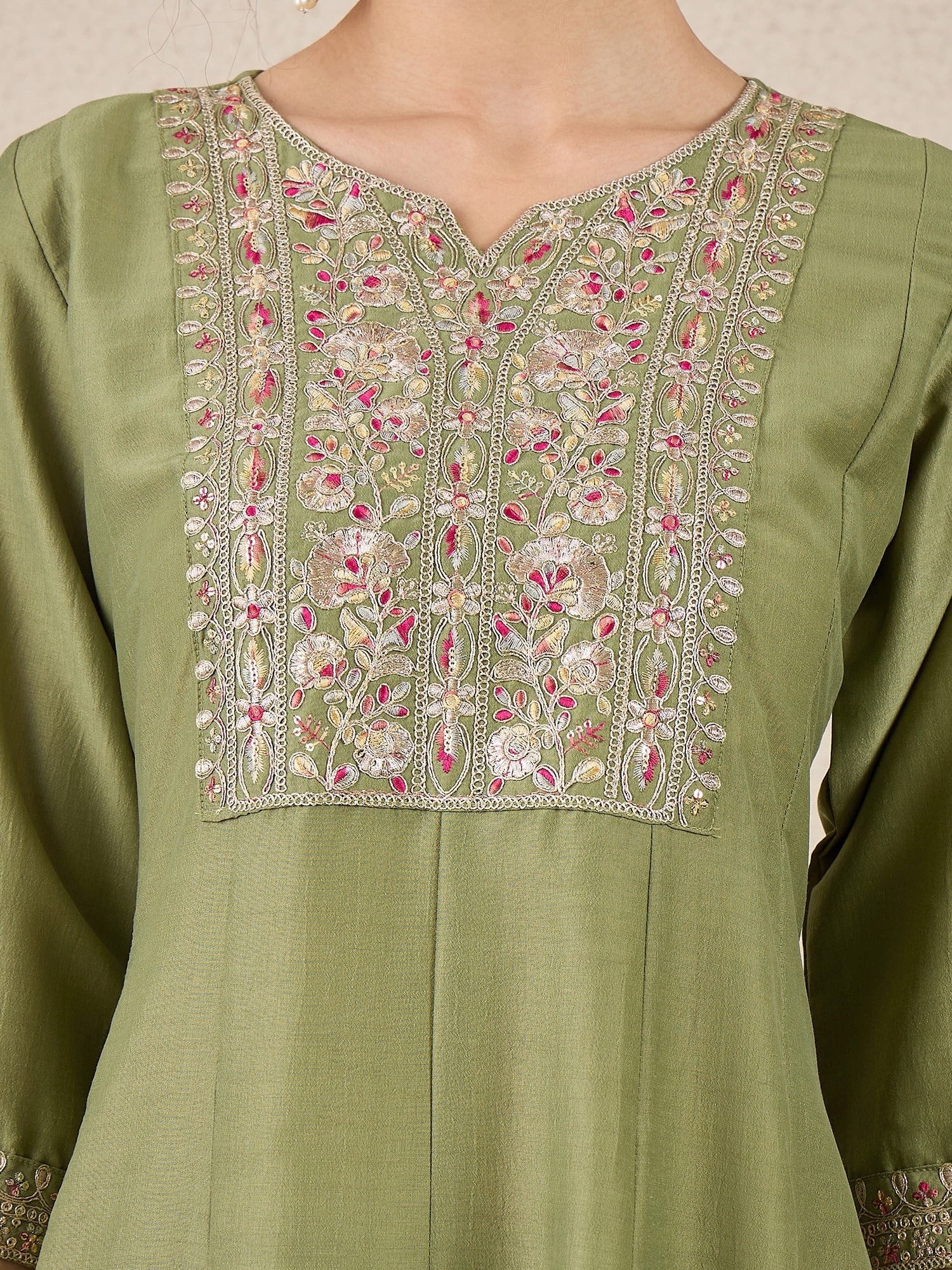 Shweta Festive Embroidered Russian Silk Mehndi Anarkali Set - FitVibe Fashion