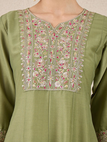 Shweta Festive Embroidered Russian Silk Mehndi Anarkali Set - FitVibe Fashion