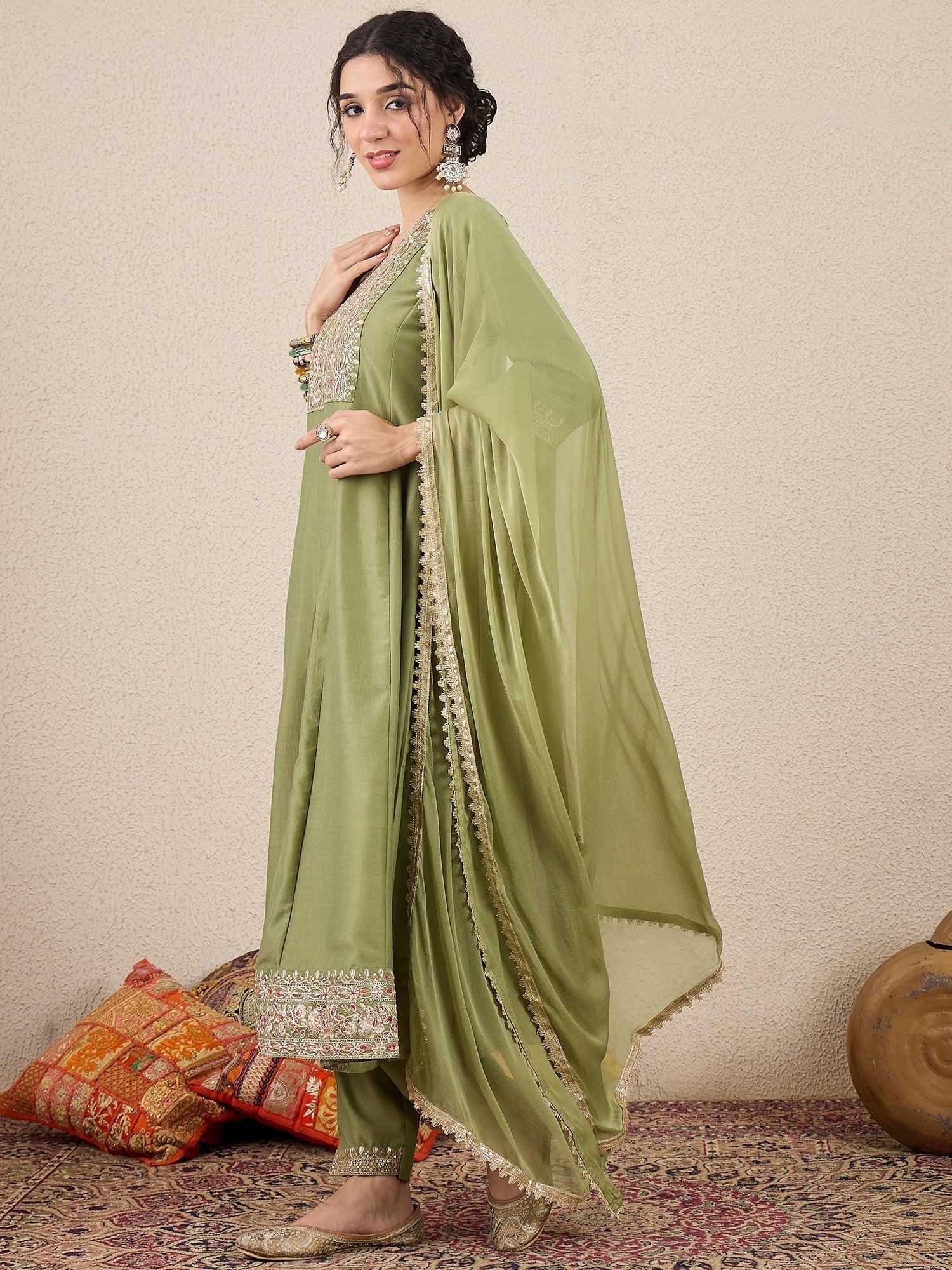 Shweta Festive Embroidered Russian Silk Mehndi Anarkali Set - FitVibe Fashion