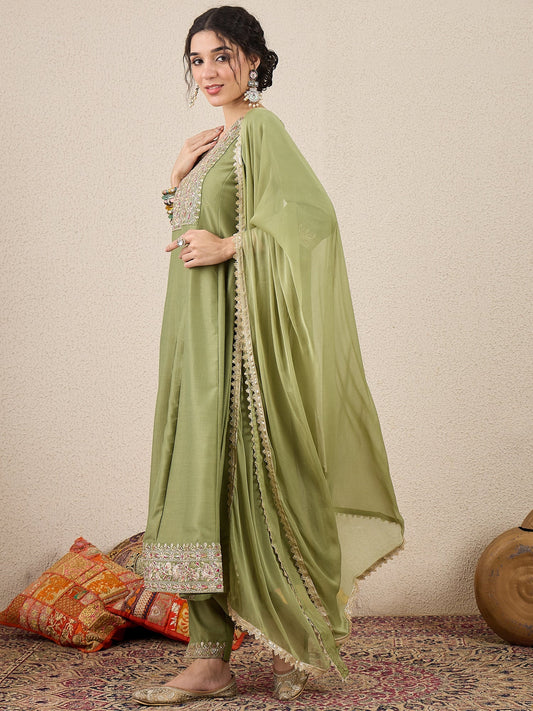 Shweta Festive Embroidered Russian Silk Mehndi Anarkali Set - FitVibe Fashion