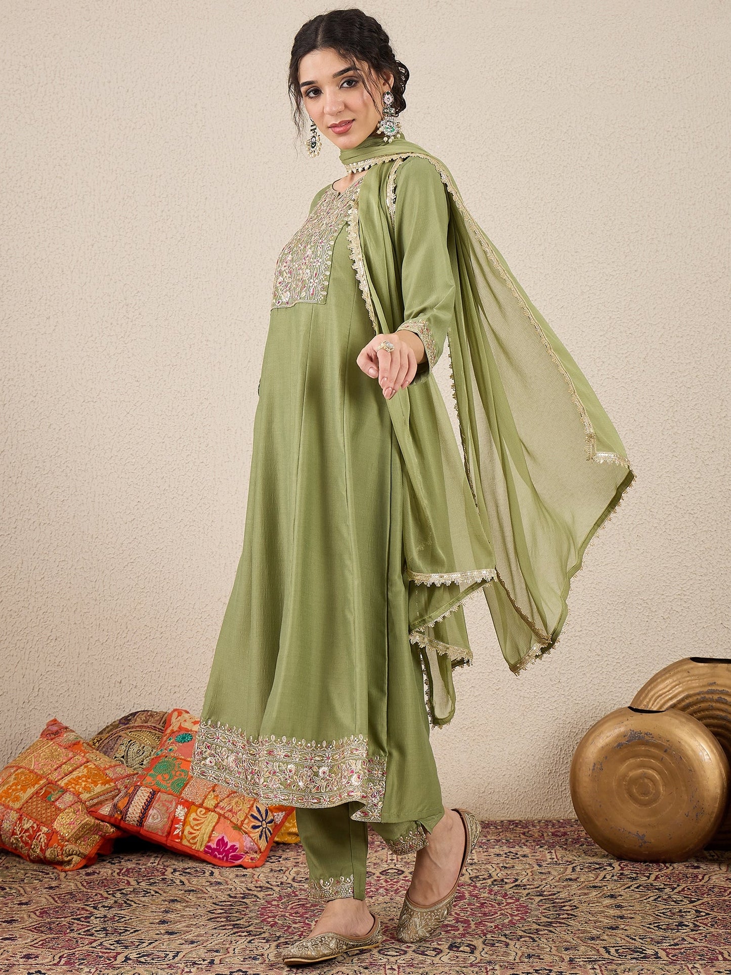 Shweta Festive Embroidered Russian Silk Mehndi Anarkali Set - FitVibe Fashion