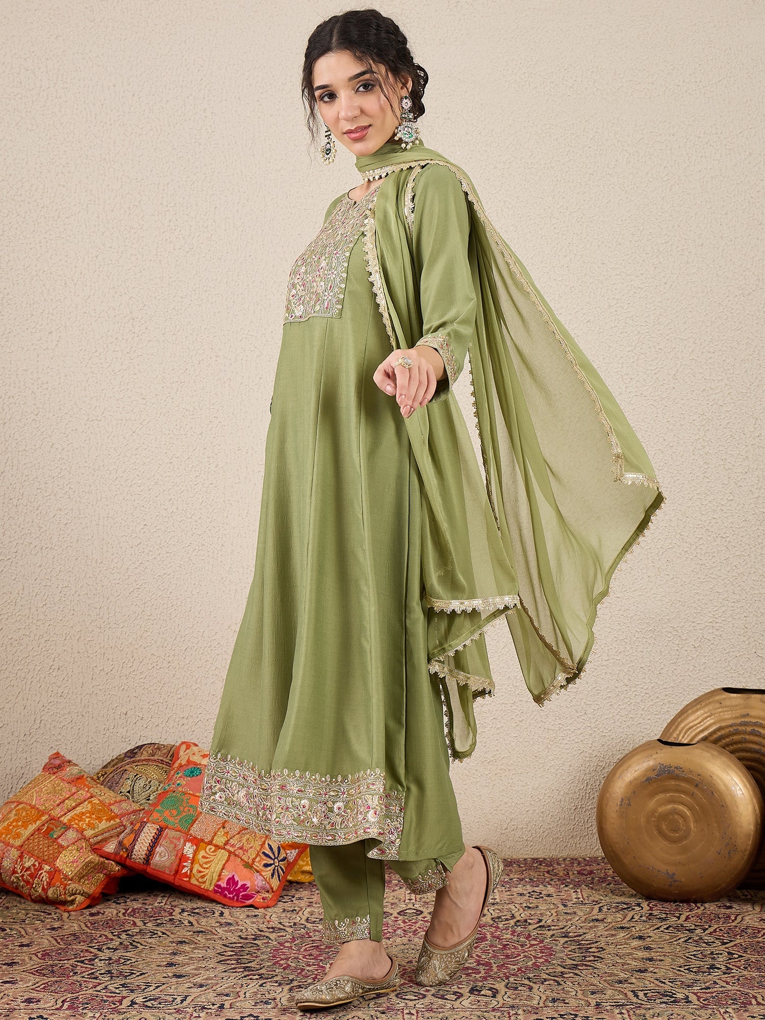 Shweta Festive Embroidered Russian Silk Mehndi Anarkali Set - FitVibe Fashion