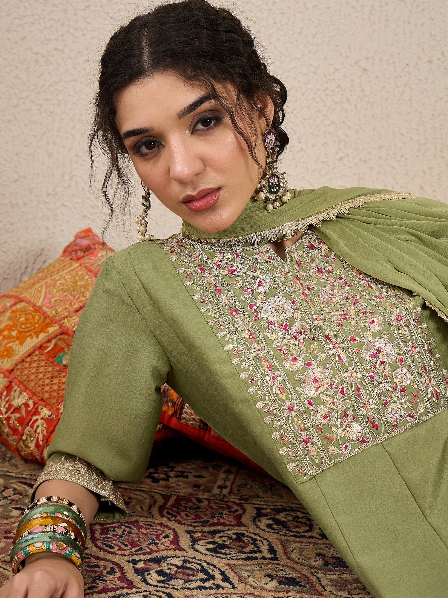 Shweta Festive Embroidered Russian Silk Mehndi Anarkali Set - FitVibe Fashion