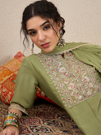 Shweta Festive Embroidered Russian Silk Mehndi Anarkali Set - FitVibe Fashion