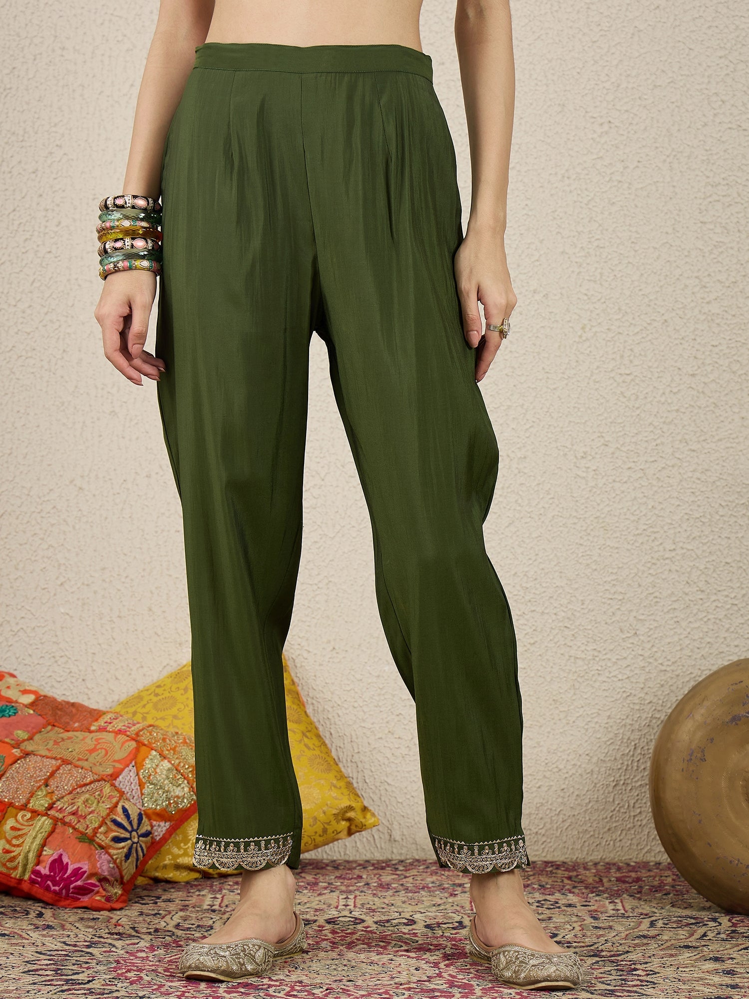 Golden Husk Mehndi Embroidered Silk Blend Anarkali Suit Set With Dupatta - FitVibe Fashion