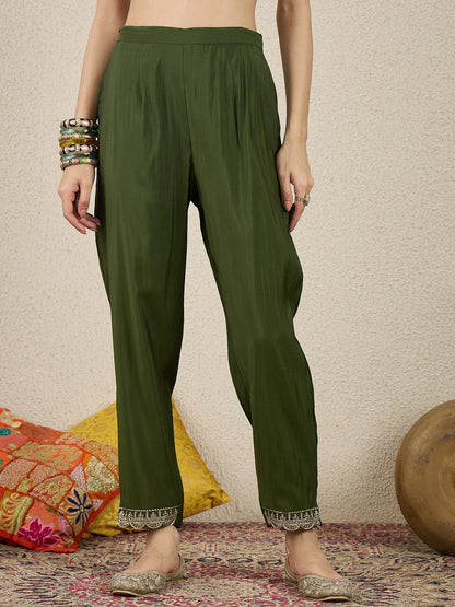 Golden Husk Mehndi Embroidered Silk Blend Anarkali Suit Set With Dupatta - FitVibe Fashion