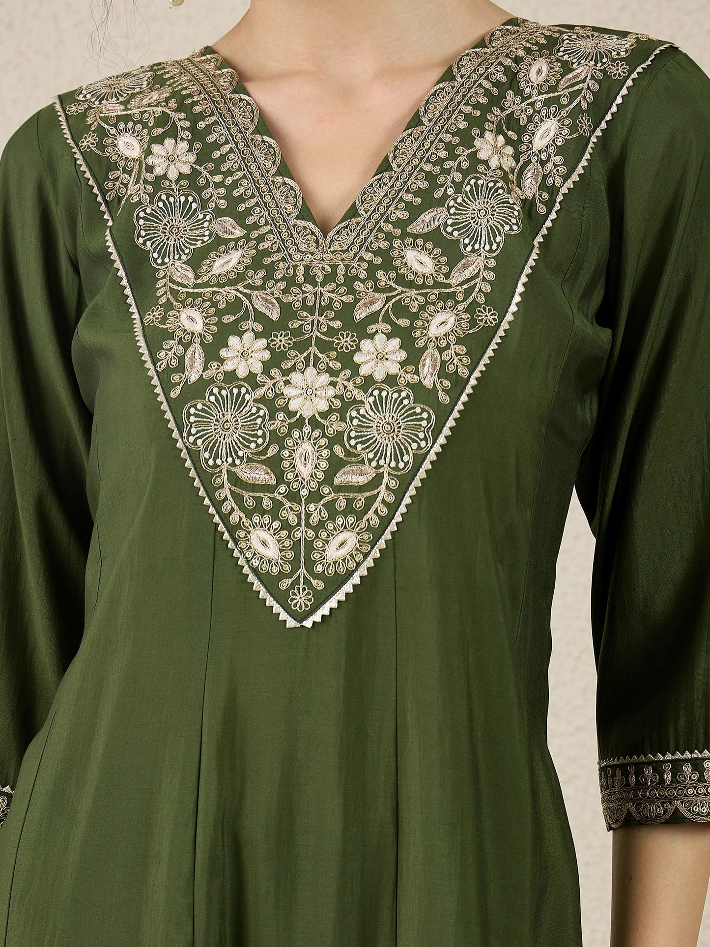 Golden Husk Mehndi Embroidered Silk Blend Anarkali Suit Set With Dupatta - FitVibe Fashion