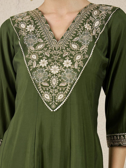 Golden Husk Mehndi Embroidered Silk Blend Anarkali Suit Set With Dupatta - FitVibe Fashion