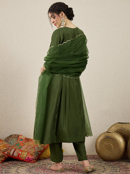 Golden Husk Mehndi Embroidered Silk Blend Anarkali Suit Set With Dupatta - FitVibe Fashion