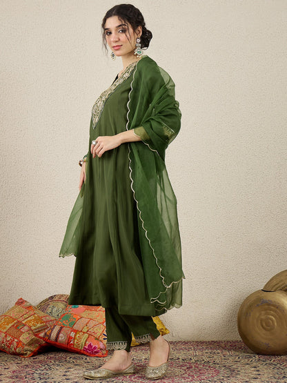 Golden Husk Mehndi Embroidered Silk Blend Anarkali Suit Set With Dupatta - FitVibe Fashion