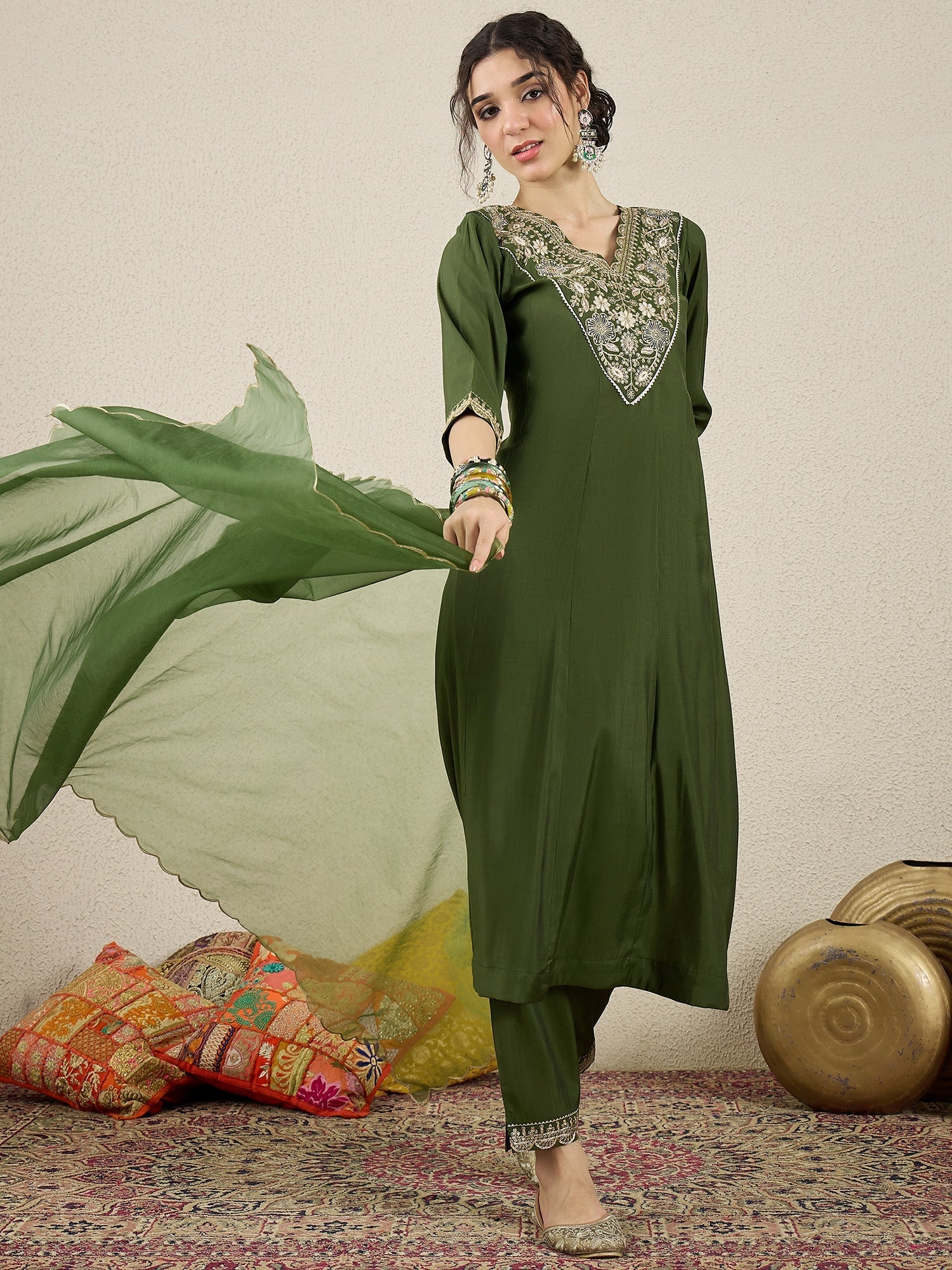 Golden Husk Mehndi Embroidered Silk Blend Anarkali Suit Set With Dupatta - FitVibe Fashion