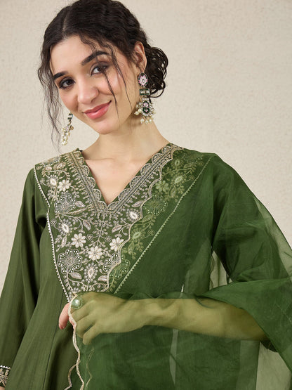 Golden Husk Mehndi Embroidered Silk Blend Anarkali Suit Set With Dupatta - FitVibe Fashion