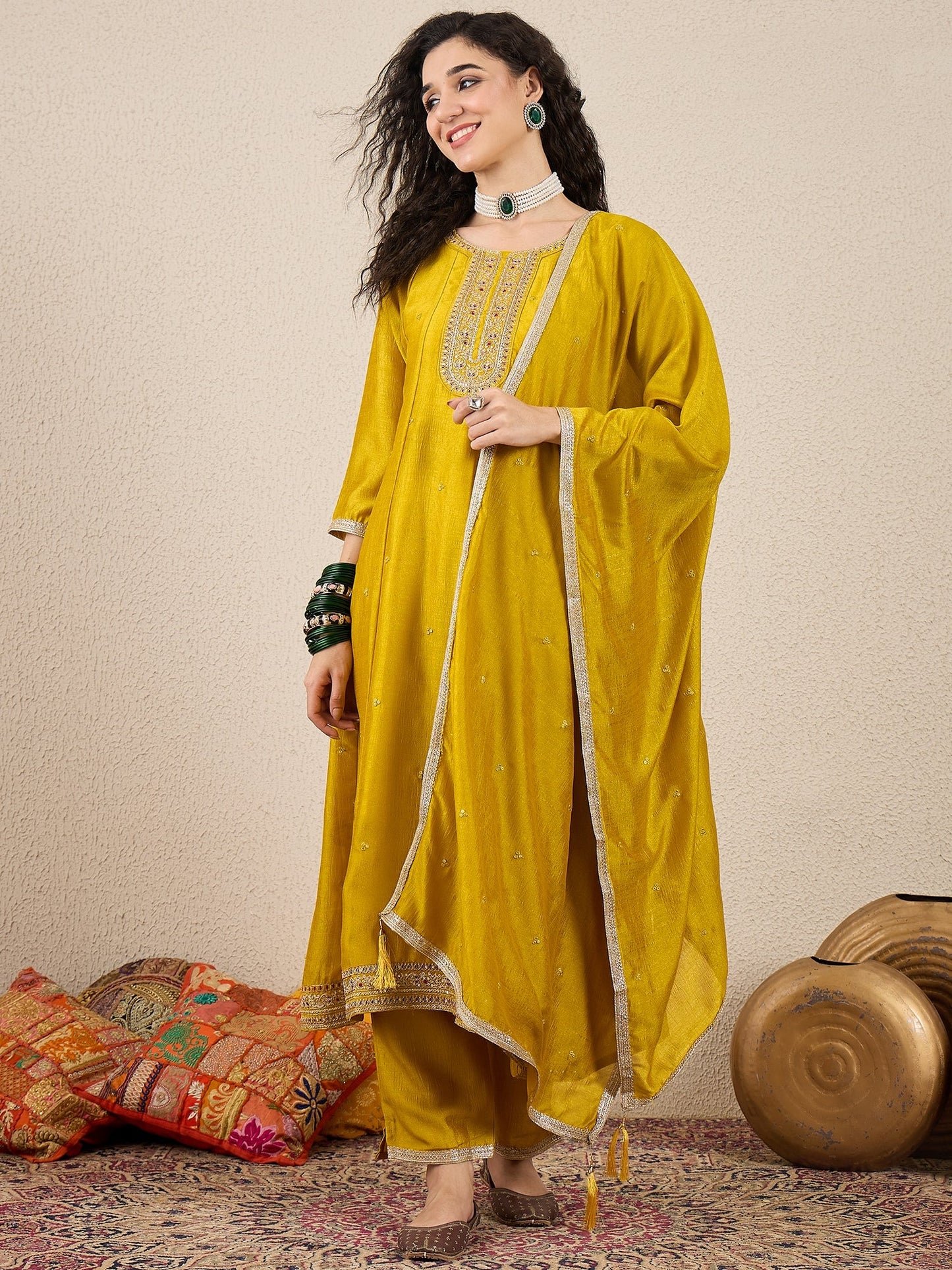 Myra Yellow Silk Blend Embroidered Anarkali Set - FitVibe Fashion
