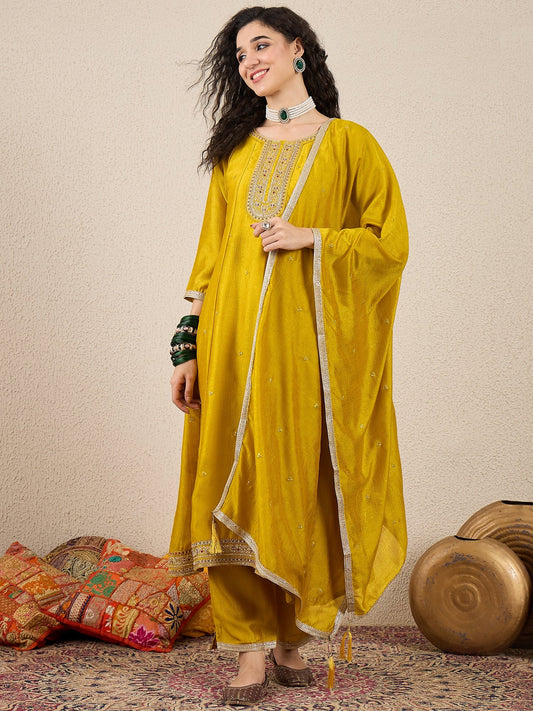 Myra Yellow Silk Blend Embroidered Anarkali Set - FitVibe Fashion