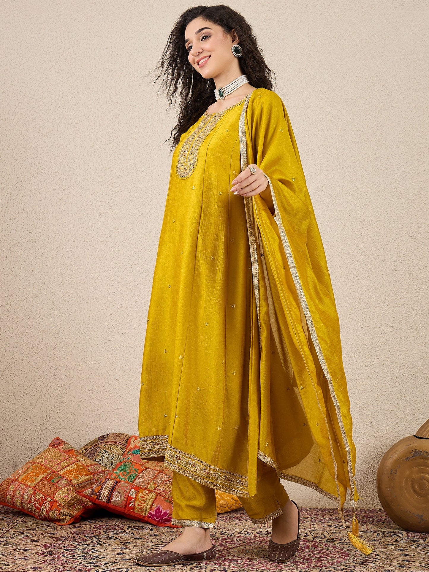 Myra Yellow Silk Blend Embroidered Anarkali Set - FitVibe Fashion