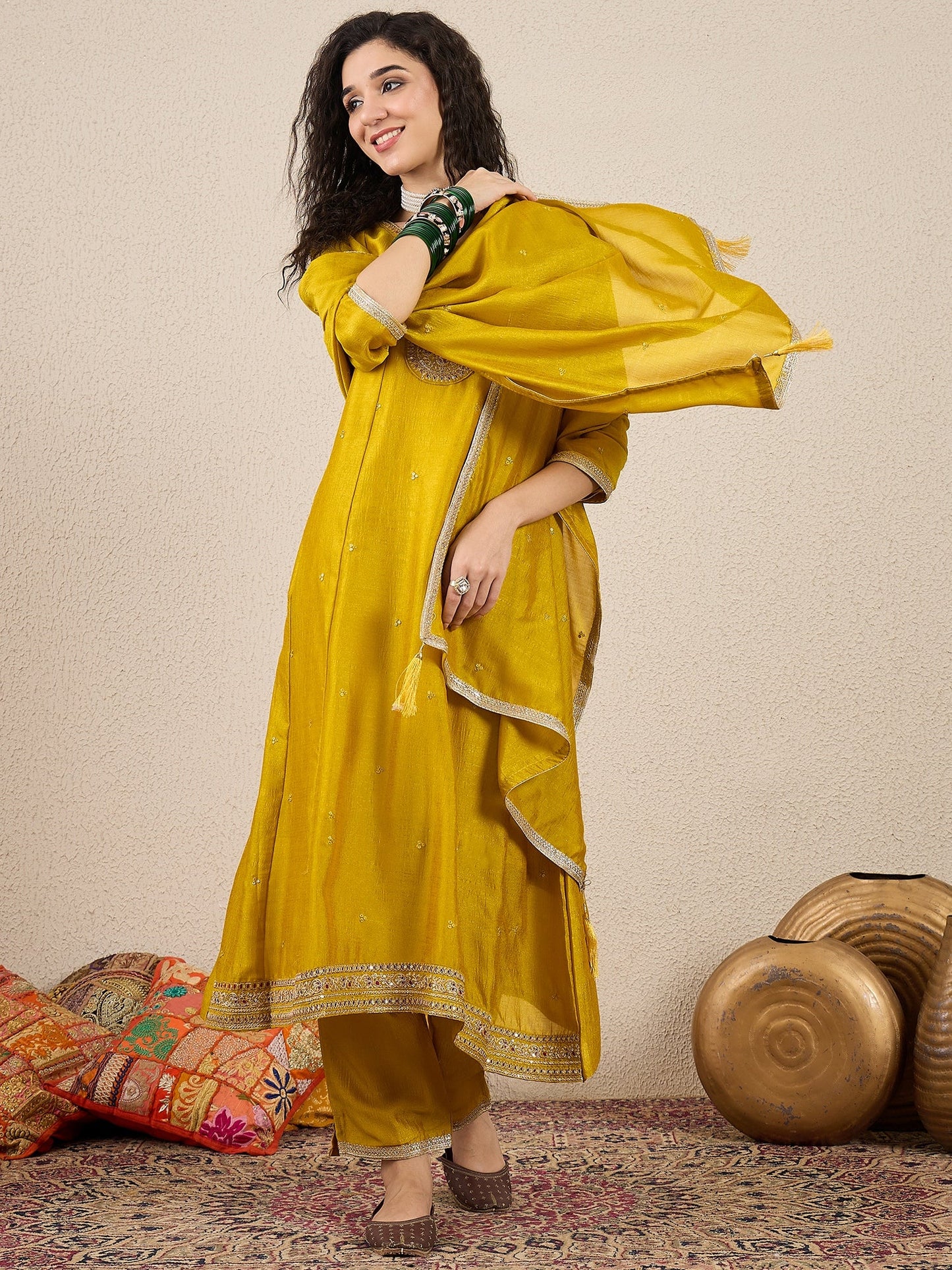 Myra Yellow Silk Blend Embroidered Anarkali Set - FitVibe Fashion
