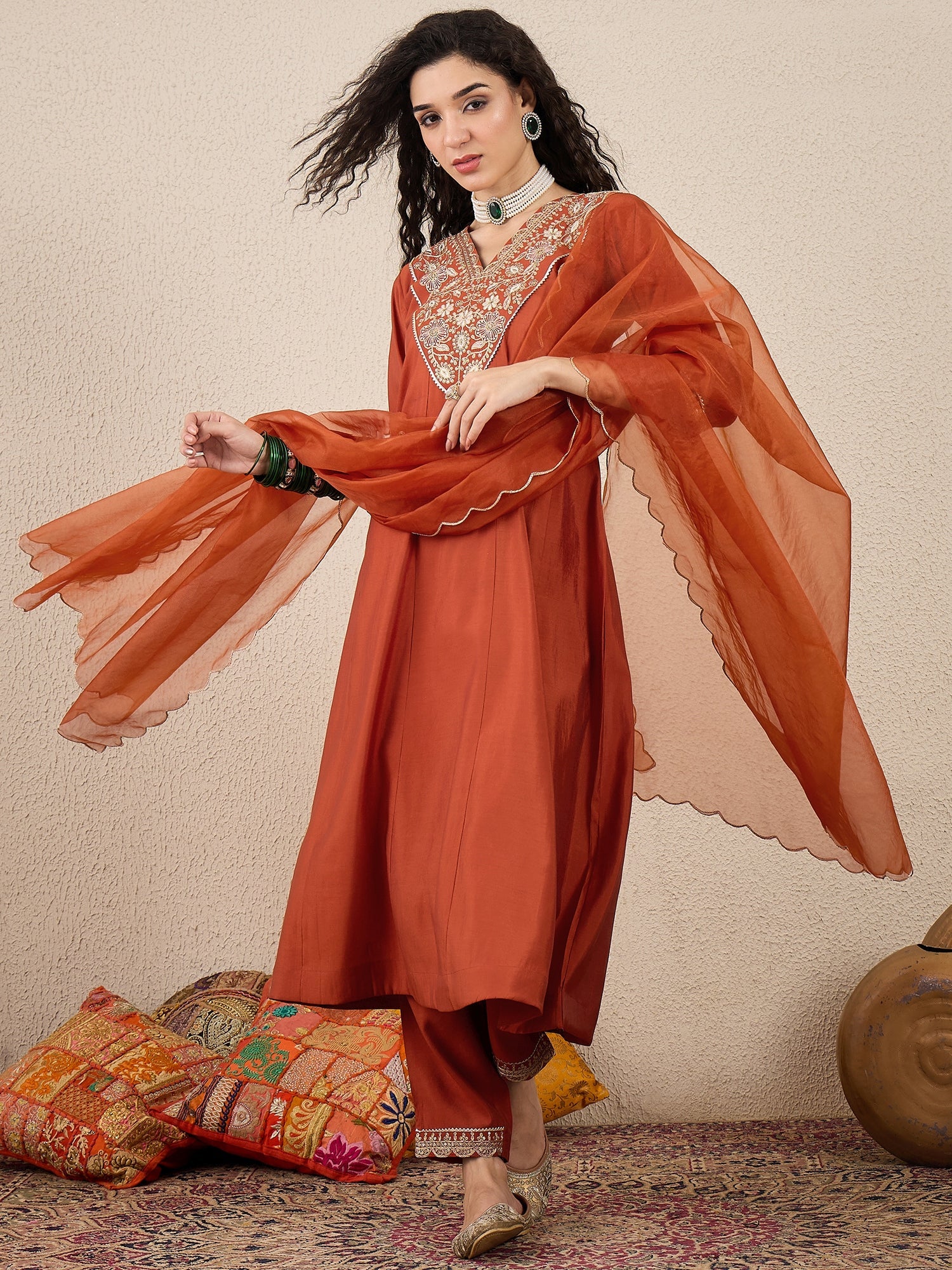 Golden Husk Peach Embroidered Silk Blend Anarkali Suit Set With Dupatta - FitVibe Fashion