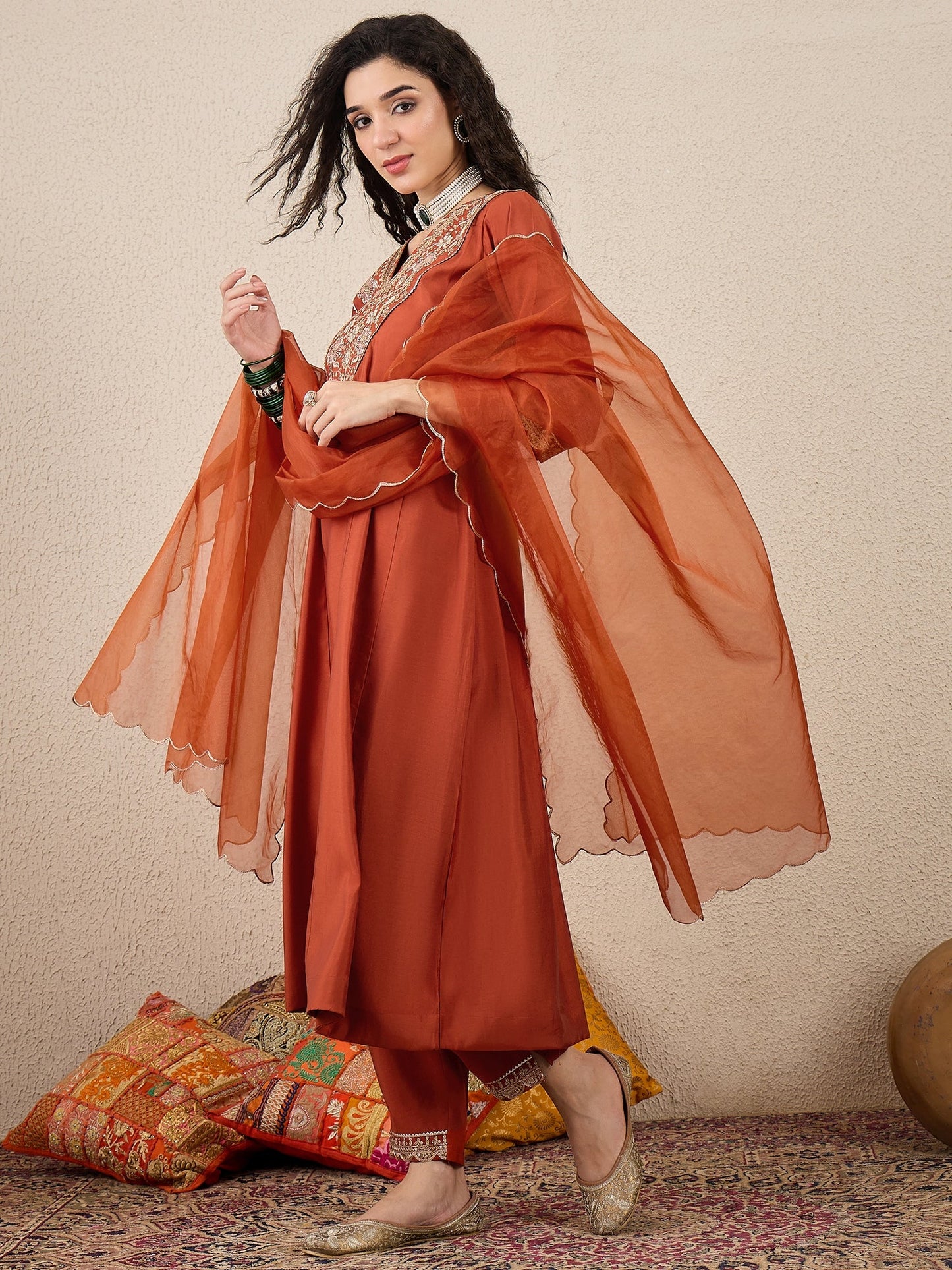 Golden Husk Peach Embroidered Silk Blend Anarkali Suit Set With Dupatta - FitVibe Fashion