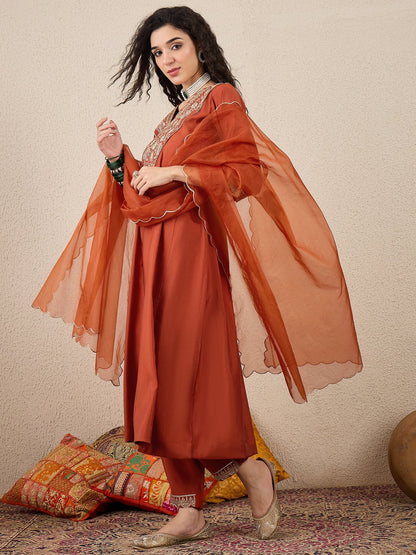 Golden Husk Peach Embroidered Silk Blend Anarkali Suit Set With Dupatta - FitVibe Fashion