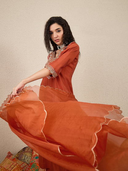 Golden Husk Peach Embroidered Silk Blend Anarkali Suit Set With Dupatta - FitVibe Fashion