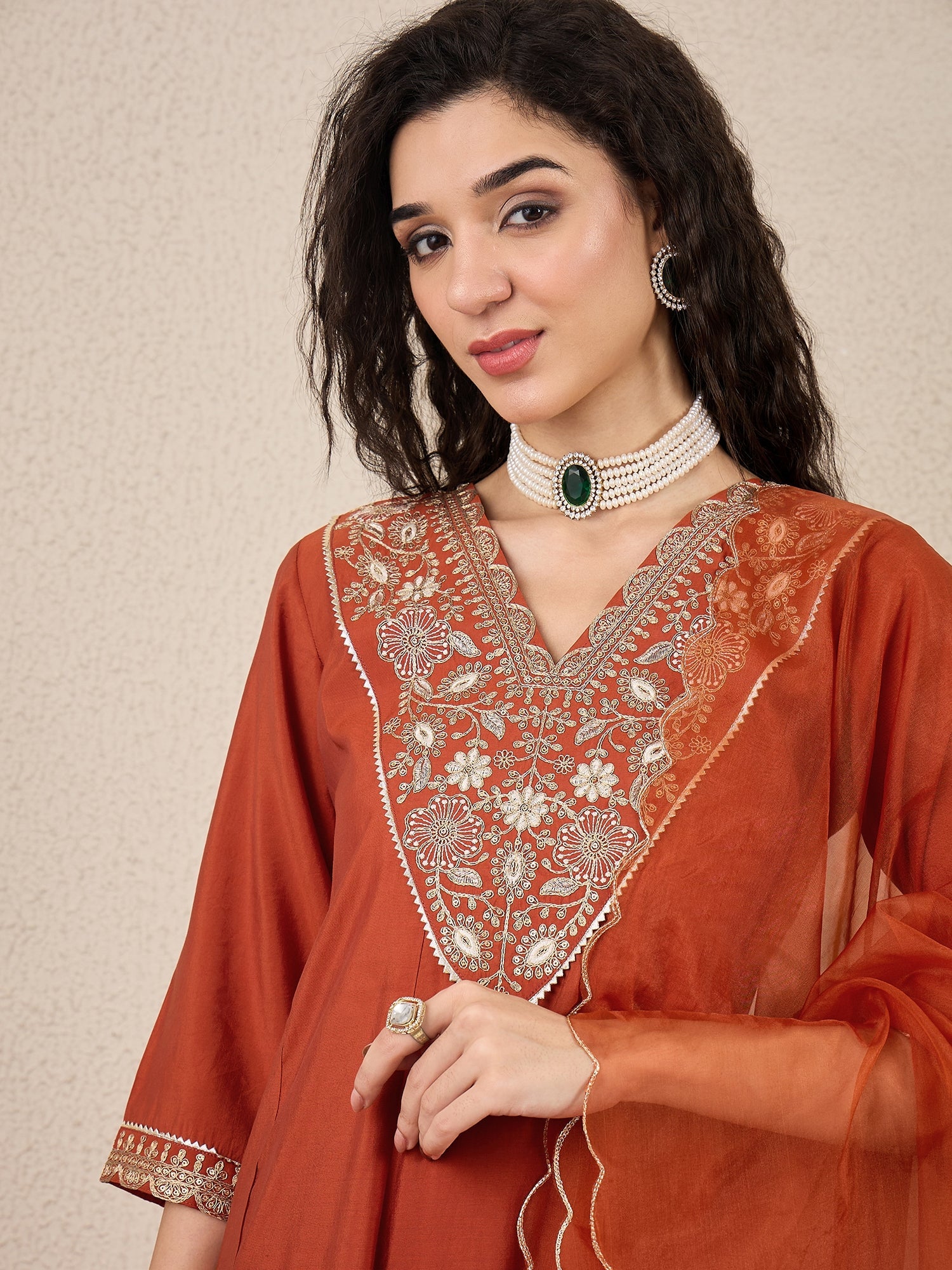 Golden Husk Peach Embroidered Silk Blend Anarkali Suit Set With Dupatta - FitVibe Fashion