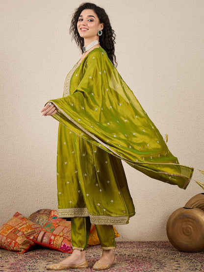 Ziva Women Anarkali Kurta and Pant Dupatta Sets Silk Blend Fabric with Embroidery - FitVibe Fashion