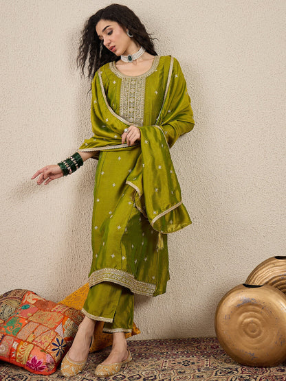 Ziva Women Anarkali Kurta and Pant Dupatta Sets Silk Blend Fabric with Embroidery - FitVibe Fashion