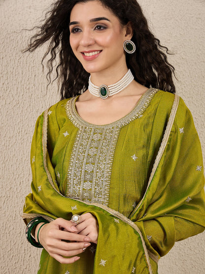 Ziva Women Anarkali Kurta and Pant Dupatta Sets Silk Blend Fabric with Embroidery - FitVibe Fashion