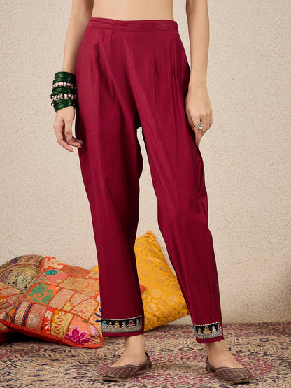 Ruchita Embroidery Straight Maroon Kurta & Pant with Dupatta Set - FitVibe Fashion