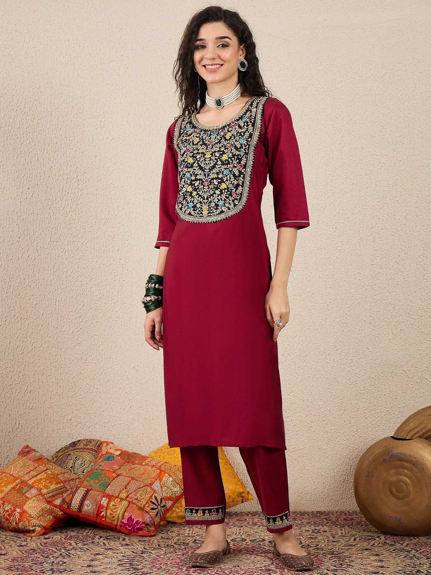 Ruchita Embroidery Straight Maroon Kurta & Pant with Dupatta Set - FitVibe Fashion