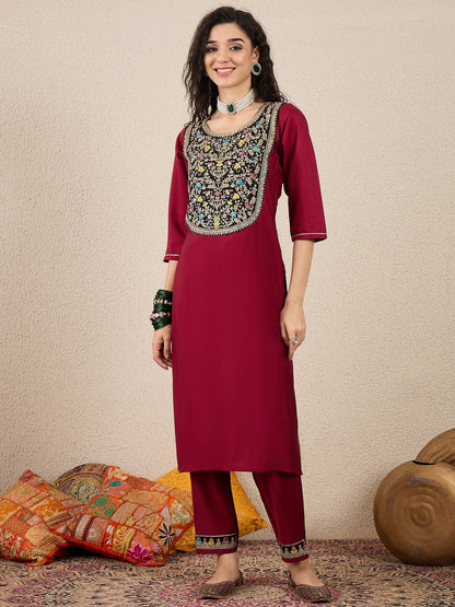 Ruchita Embroidery Straight Maroon Kurta & Pant with Dupatta Set - FitVibe Fashion