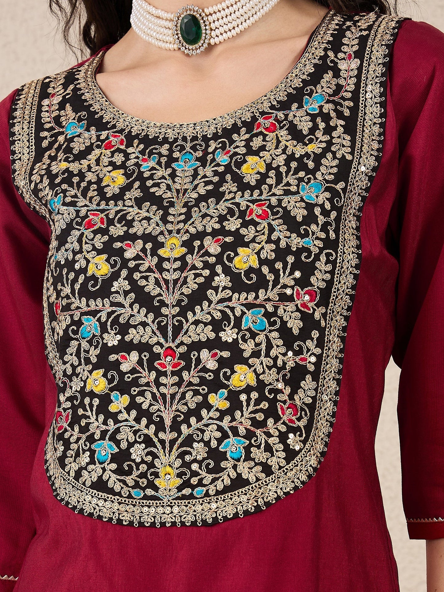 Ruchita Embroidery Straight Maroon Kurta & Pant with Dupatta Set - FitVibe Fashion