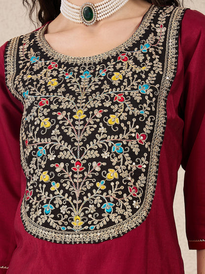 Ruchita Embroidery Straight Maroon Kurta & Pant with Dupatta Set - FitVibe Fashion