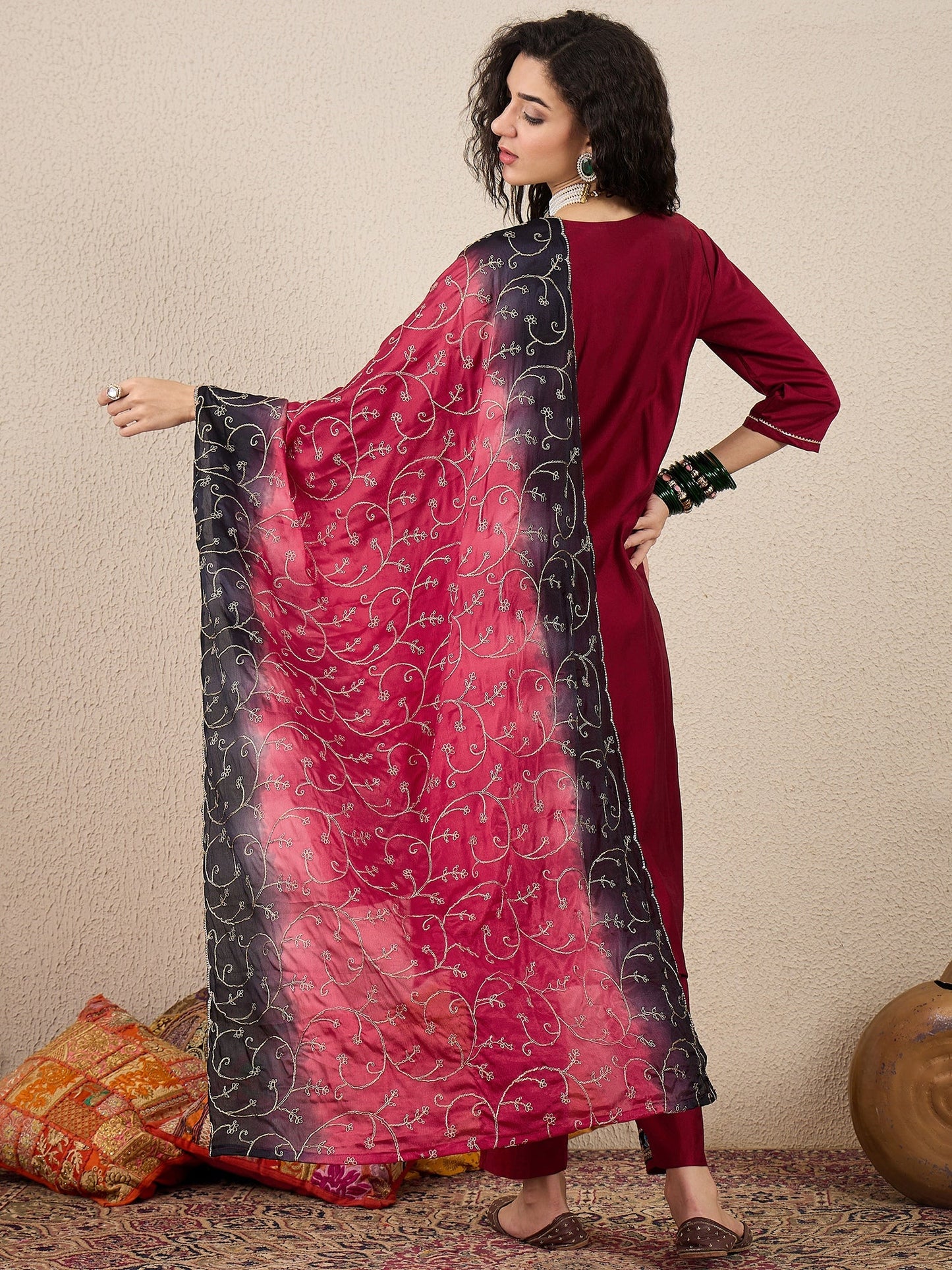 Ruchita Embroidery Straight Maroon Kurta & Pant with Dupatta Set - FitVibe Fashion