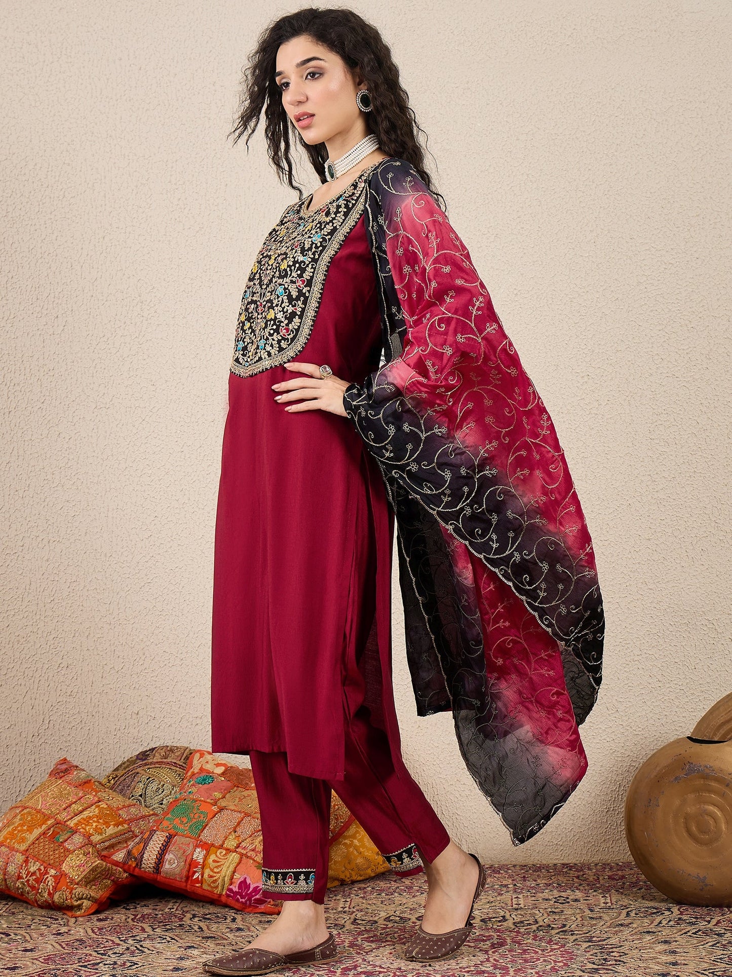 Ruchita Embroidery Straight Maroon Kurta & Pant with Dupatta Set - FitVibe Fashion