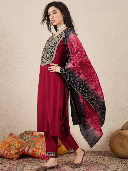 Ruchita Embroidery Straight Maroon Kurta & Pant with Dupatta Set - FitVibe Fashion