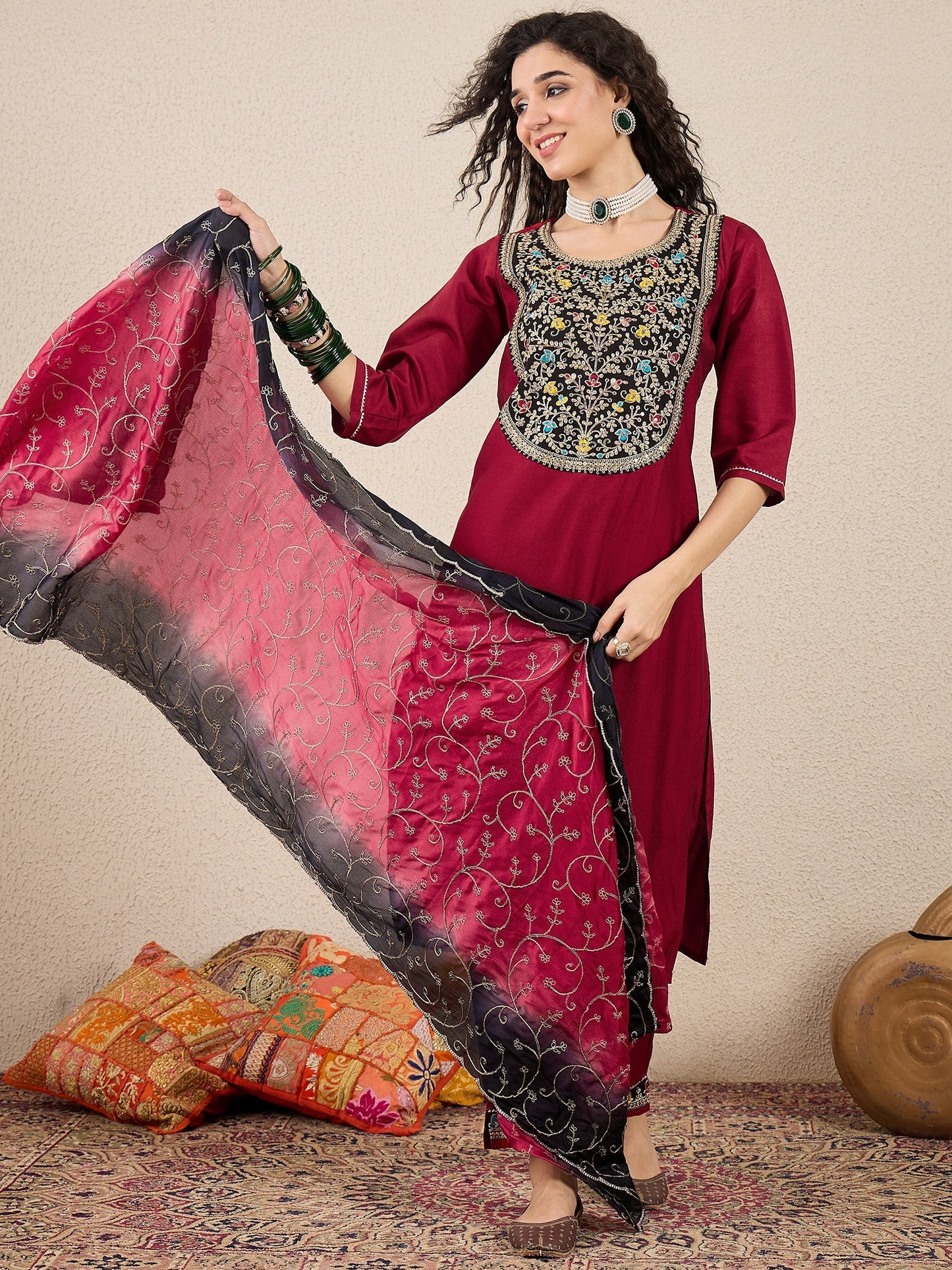 Ruchita Embroidery Straight Maroon Kurta & Pant with Dupatta Set - FitVibe Fashion
