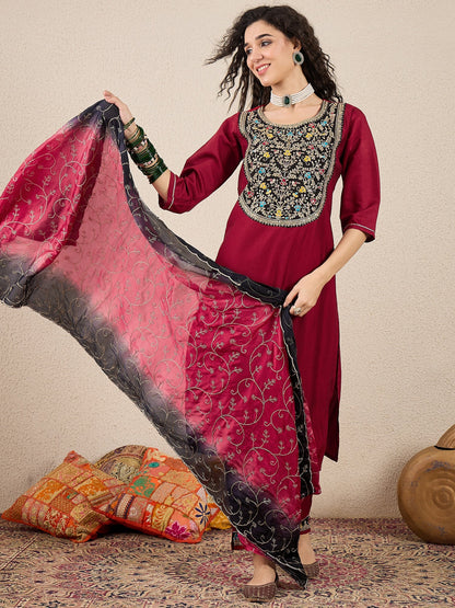 Ruchita Embroidery Straight Maroon Kurta & Pant with Dupatta Set - FitVibe Fashion