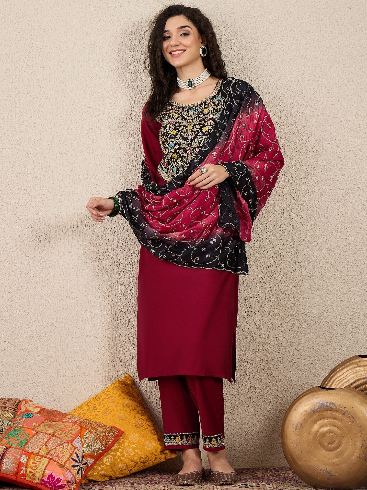 Ruchita Embroidery Straight Maroon Kurta & Pant with Dupatta Set - FitVibe Fashion