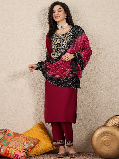 Ruchita Embroidery Straight Maroon Kurta & Pant with Dupatta Set - FitVibe Fashion